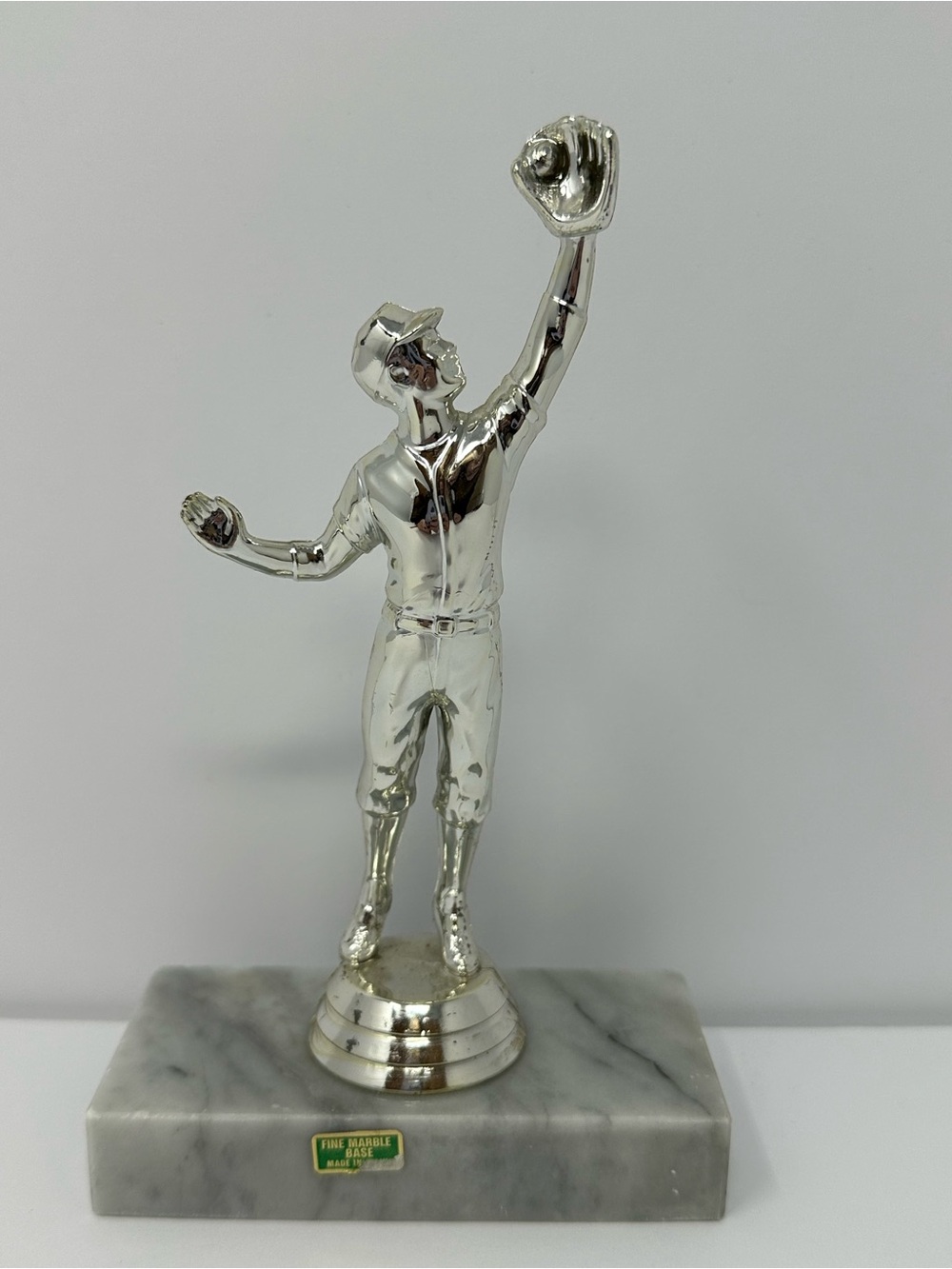 Vintage Trophy Silver Plastic Baseball Player On Heavy Marble Base 6.5” A1